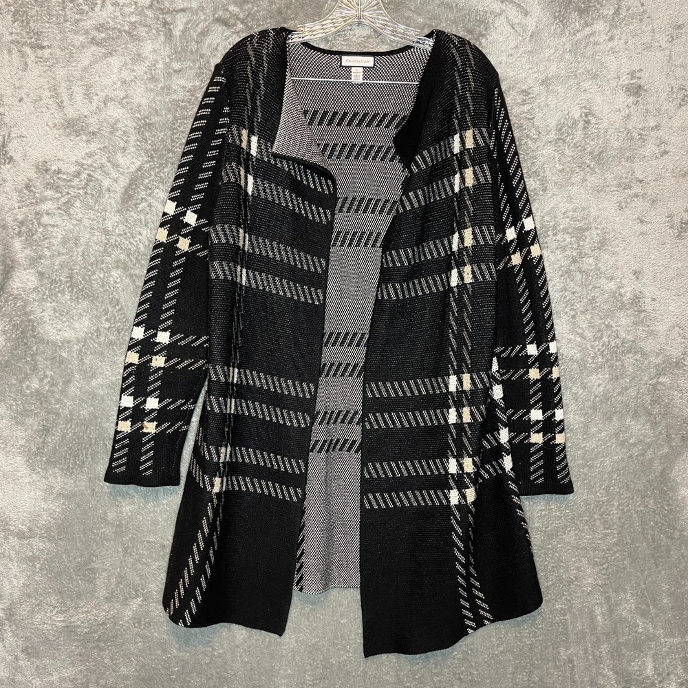 Charter Club Women Classic Warm Cozy Plaid Open Front Long Cardigan Sweater L